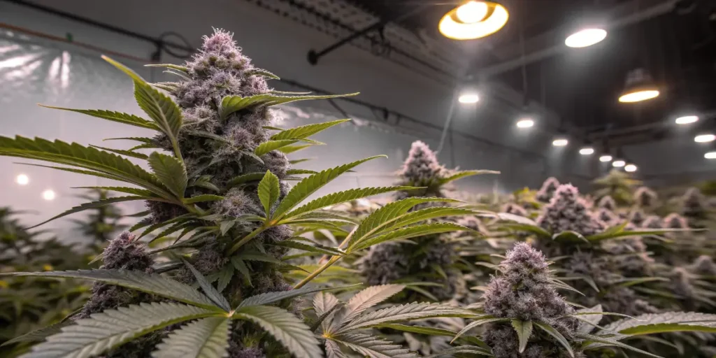 Purple cannabis buds maturing under grow lights before entering the Cannabis Harvest Drying phase.