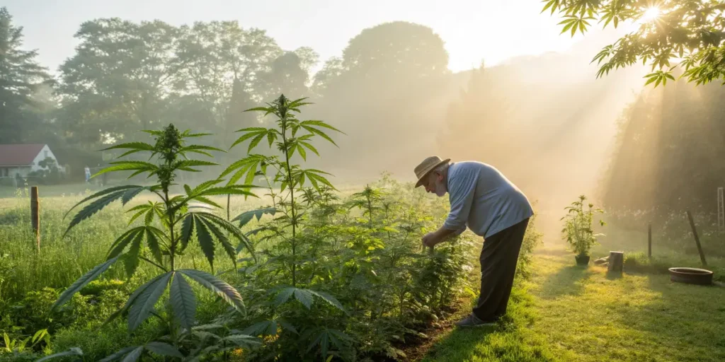 Elderly man tending cannabis plants in a sunny outdoor garden.