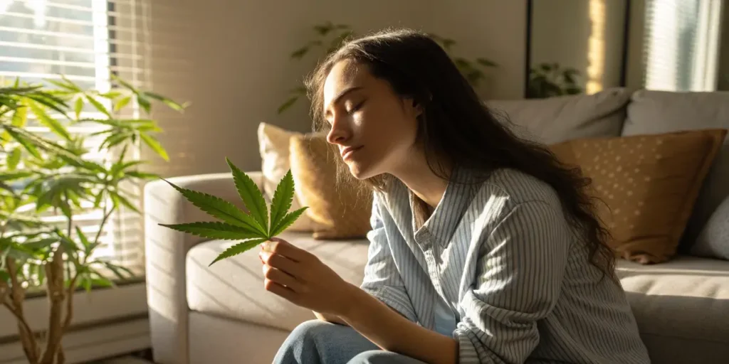 Woman sitting on the floor in sunlight examining a cannabis leaf
