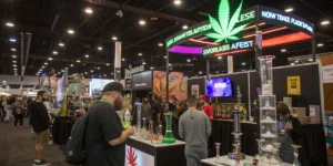 Cannabis lifestyle expo vendor hall in the United States with product displays and visitors.
