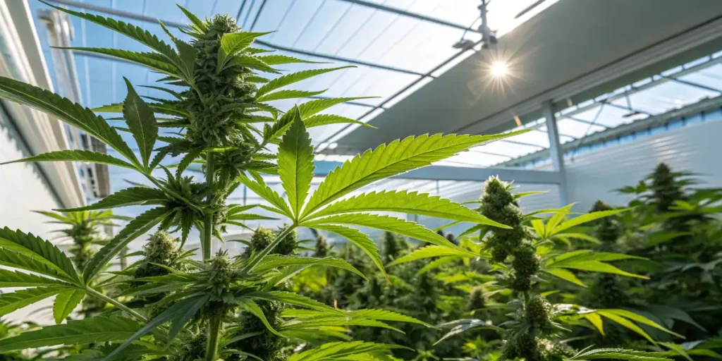 Cannabis plant in the flowering stage growing inside a bright greenhouse under natural sunlight.