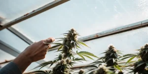 Hand inspecting cannabis plant buds inside a greenhouse with natural light