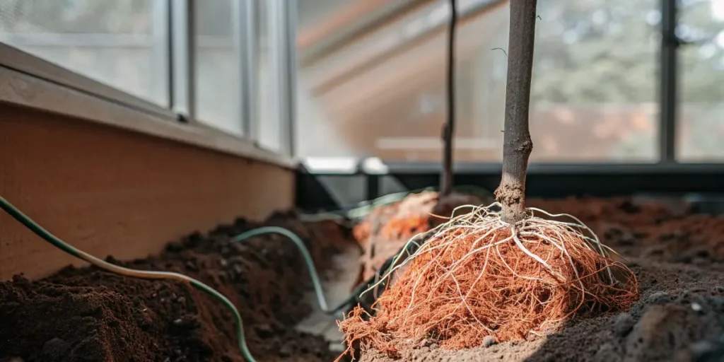 Exposed cannabis root system prepared for soil cultivation