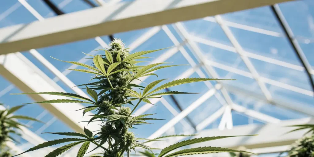 Cannabis plant growing under natural sunlight inside a greenhouse.