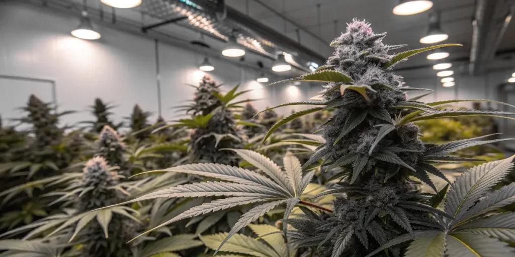 Purple-tinted cannabis flowering cola covered in dense trichomes inside an indoor grow room.