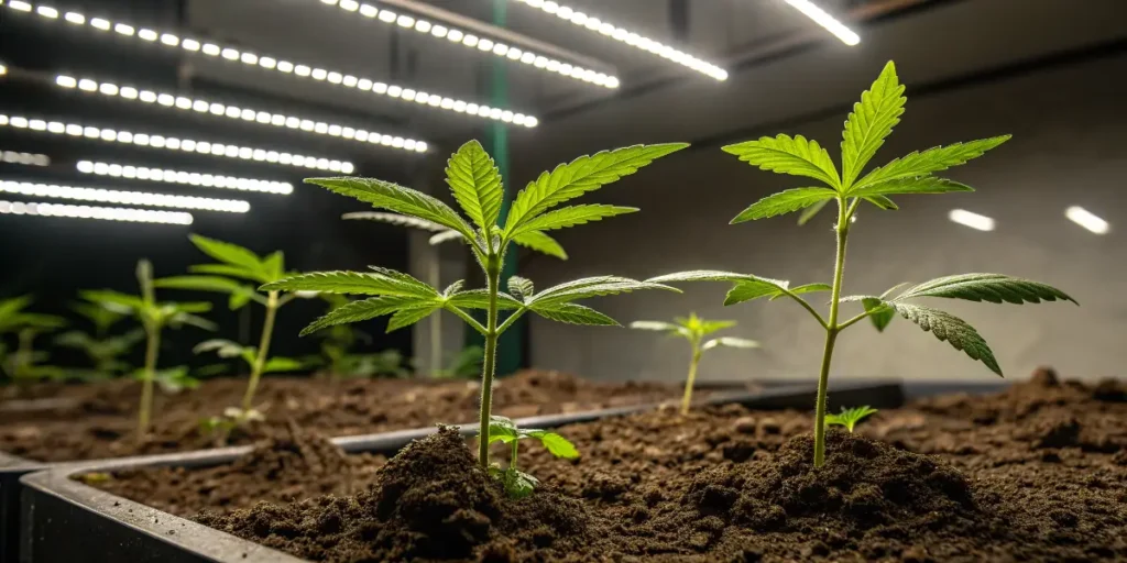 cannabis plants in vegetative growth under LED grow lights.