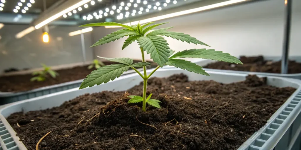Young cannabis seedling growing in soil under indoor lights with early leaf development