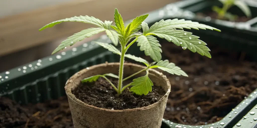 Cannabis seedling emerging in a biodegradable pot with moist soil.