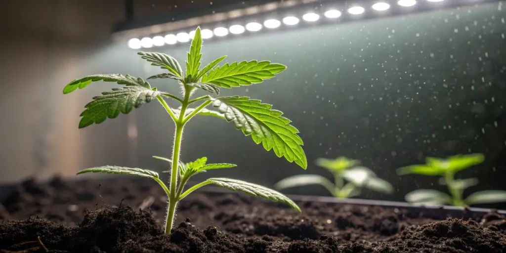 Young cannabis seedling growing indoors under LED lights