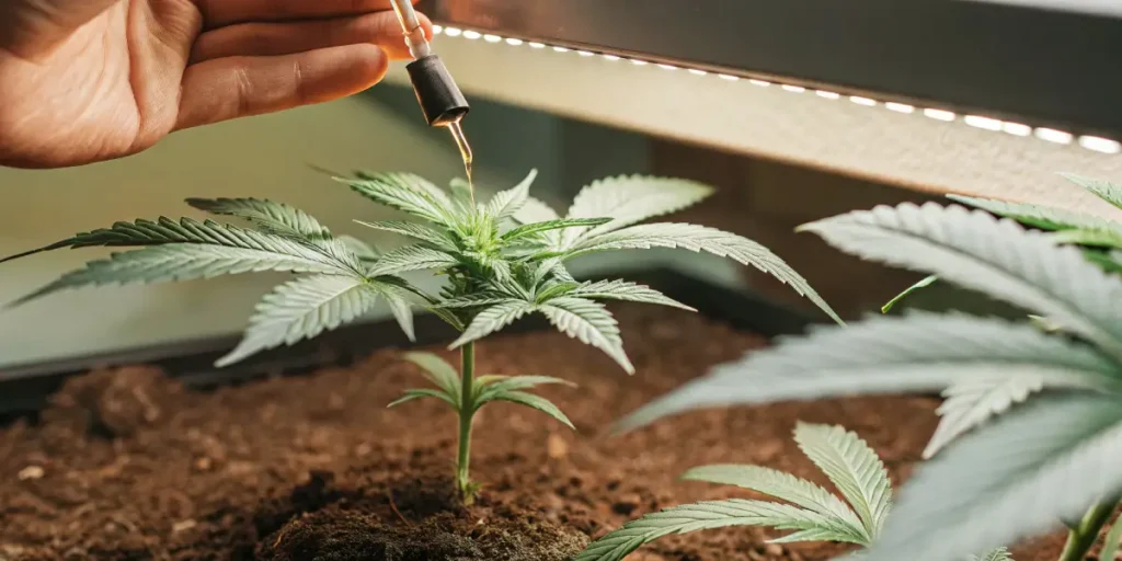 Hand applying liquid nutrients to young cannabis seedling indoors