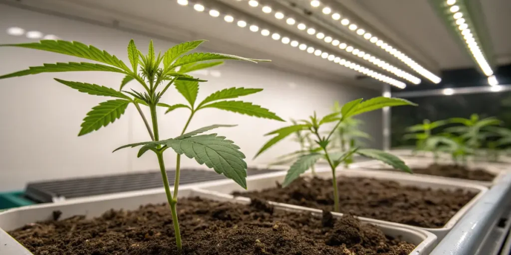 Rows of young cannabis plants in trays representing the Cannabis Seedling Stage indoors.