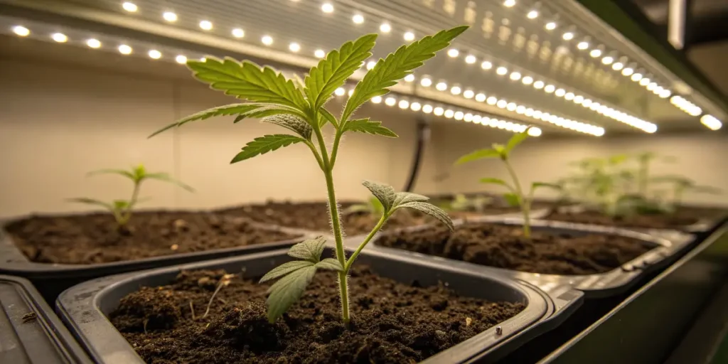 Small cannabis sprout developing under LED panels during the Cannabis Seedling Stage.