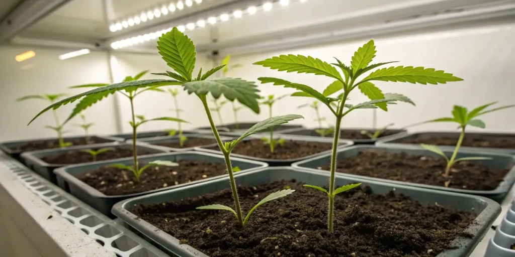 Cannabis seedlings sprouting in small trays under bright indoor grow lights.