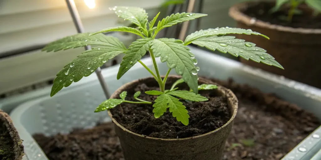 Cannabis seedling emerging in a biodegradable pot with moist soil.