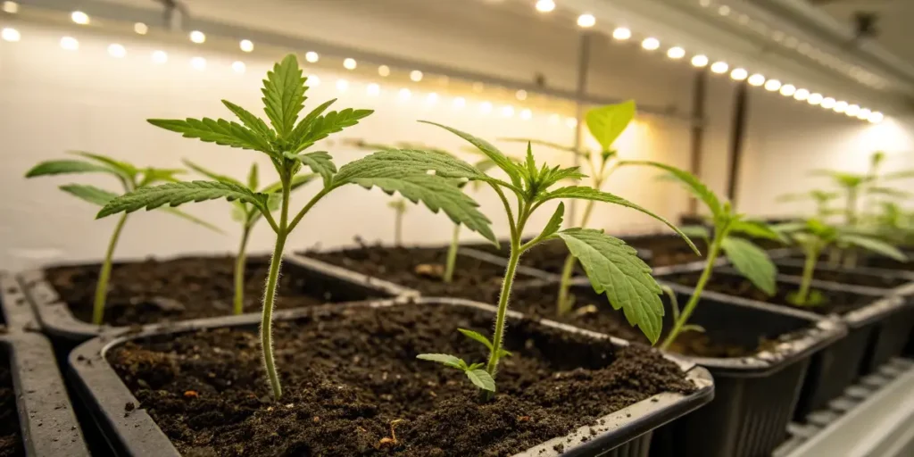 Young cannabis seedlings growing in pots under a strip of LED lights.