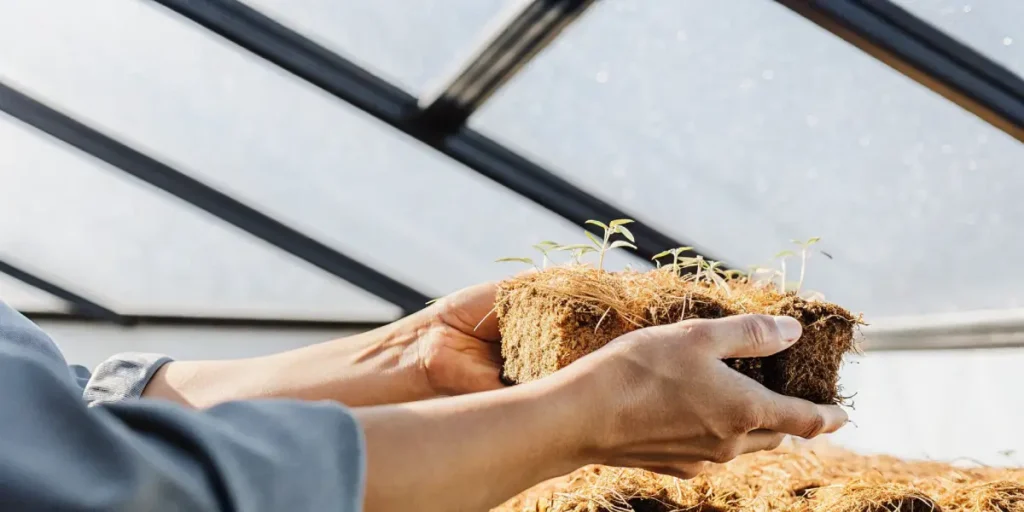 Gardener holding a coco fiber block with young cannabis seedlings in a greenhouse.