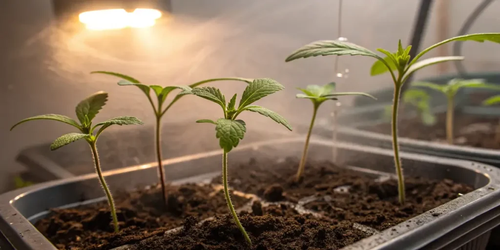 Cannabis seedlings in trays receiving gentle mist under warm light.
