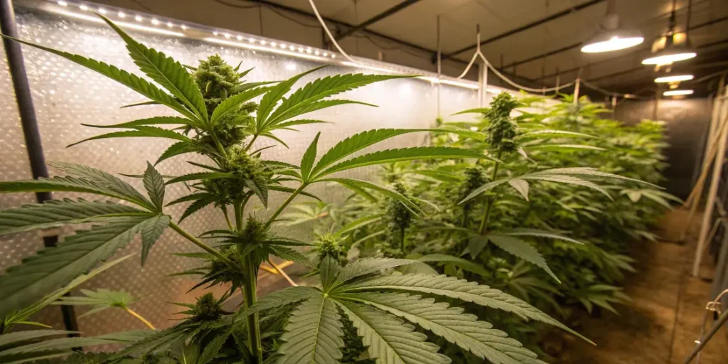 Young cannabis seedlings in vegetative stage growing indoors