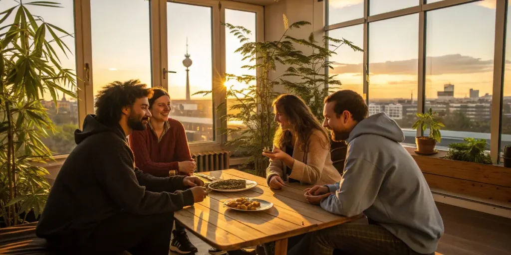 Group of adults socializing indoors at a cannabis social club in Germany during sunset