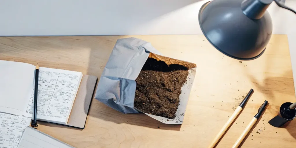Open bag of cannabis soil with notebook and gardening tools on desk