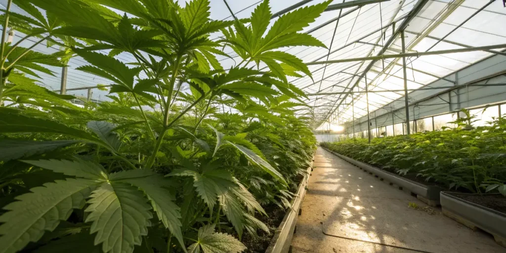Dense green foliage lining long greenhouse rows highlights Cannabis Vegetative Growth.