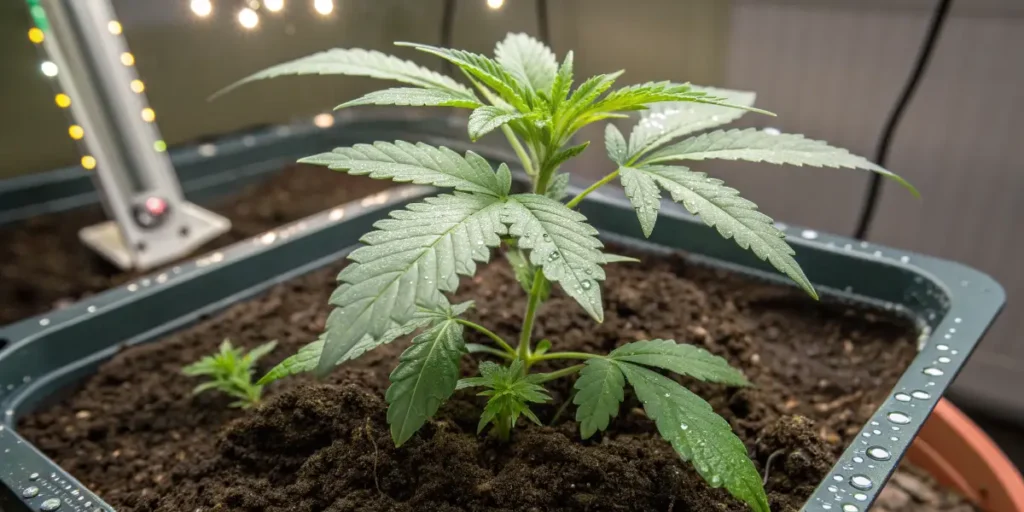 Cannabis plant in the vegetative stage growing indoors with visible leaf development and moisture droplets.