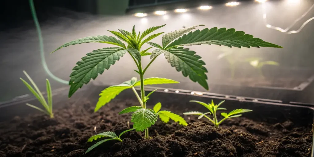 Cannabis plant in the vegetative growth stage growing indoors