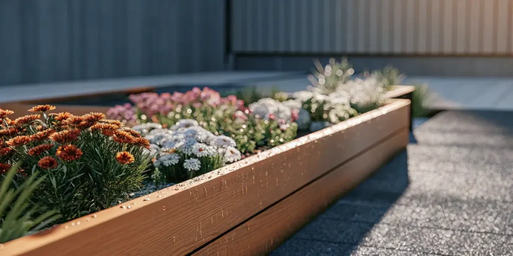 Raised garden bed with colorful flowers blooming in sunlight.