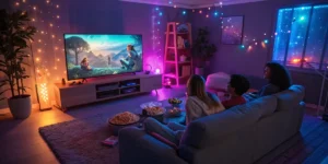 Animated Movies Best Watched High Now. Group of friends watching an animated movie with snacks in a warm living room decorated with LED lights