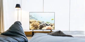 A cozy living room with a large high-definition TV displaying a colorful coral reef.