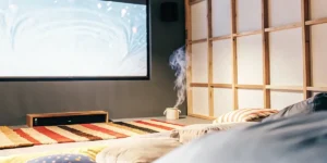 Cozy living room with smoke in the air and a TV playing anime