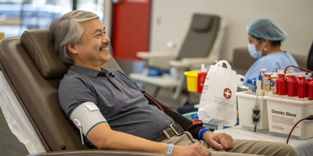 Smiling older man Donating Blood As A Cannabis User in a professional blood donation center.