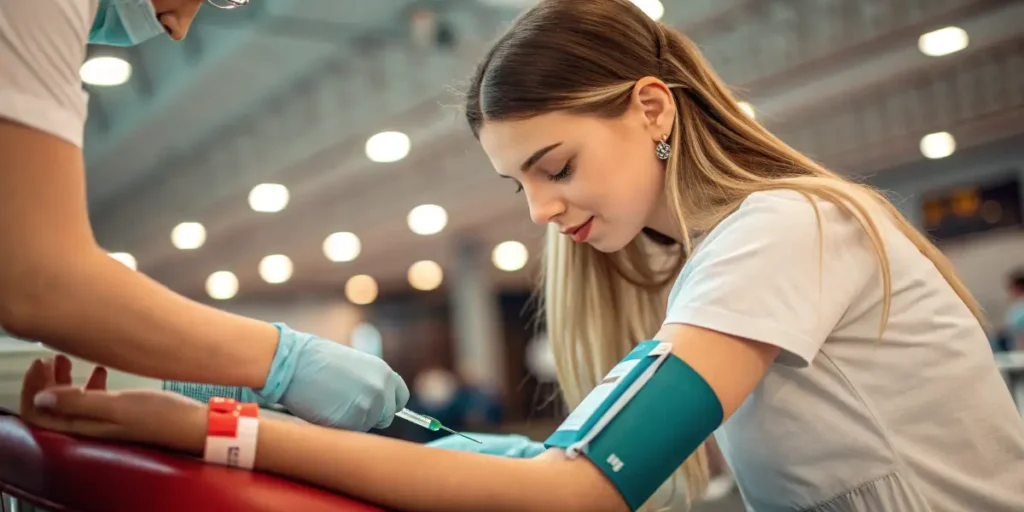 Young woman calmly Donating Blood As A Cannabis User during a supervised medical procedure.