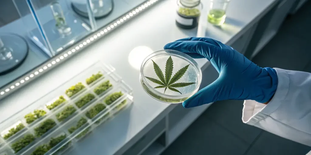 Scientist holding a cannabis leaf in a petri dish inside a modern lab, reflecting precision work behind Dragon Balls.