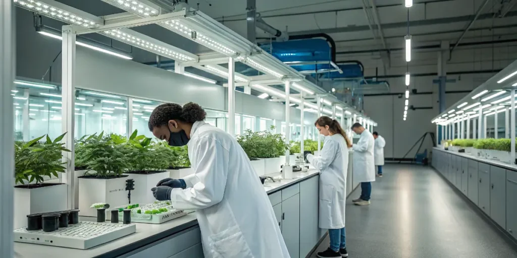 Professional woman inspecting cannabis plants in a German greenhouse during sunset.