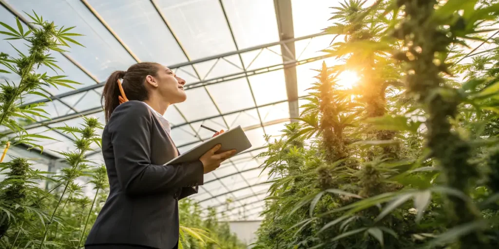 Scientists working in a modern cannabis laboratory in Germany, examining plants and tissue cultures.