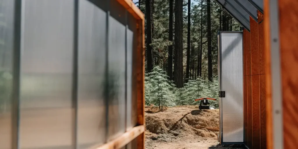 Drone captured through a greenhouse with cannabis plants outside
