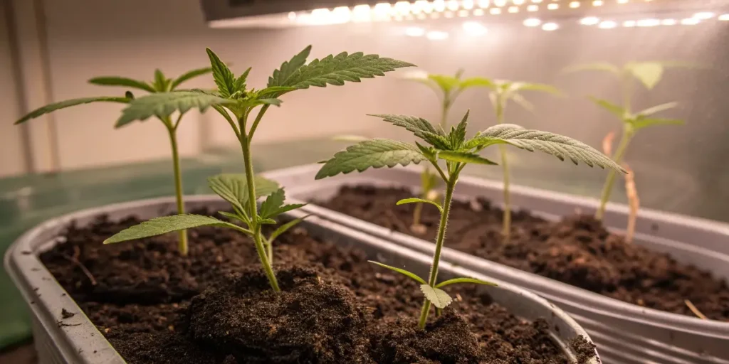 Early cannabis growth in small pots under LED lighting inside a grow tent.