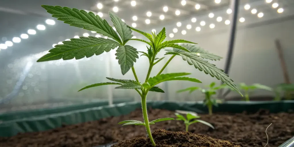 Fast-blooming strain seedling developing its first leaf layers in a controlled grow room.