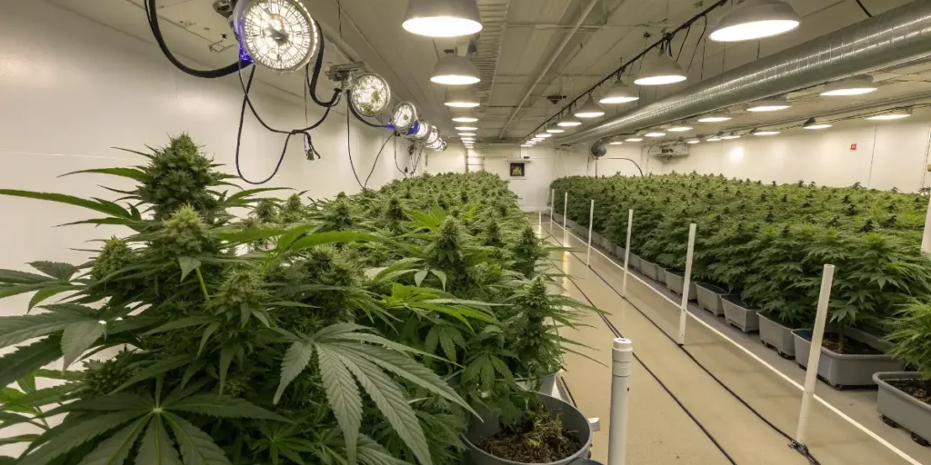 Rows of mature cannabis plants in a commercial indoor facility, illuminated by overhead grow lights.