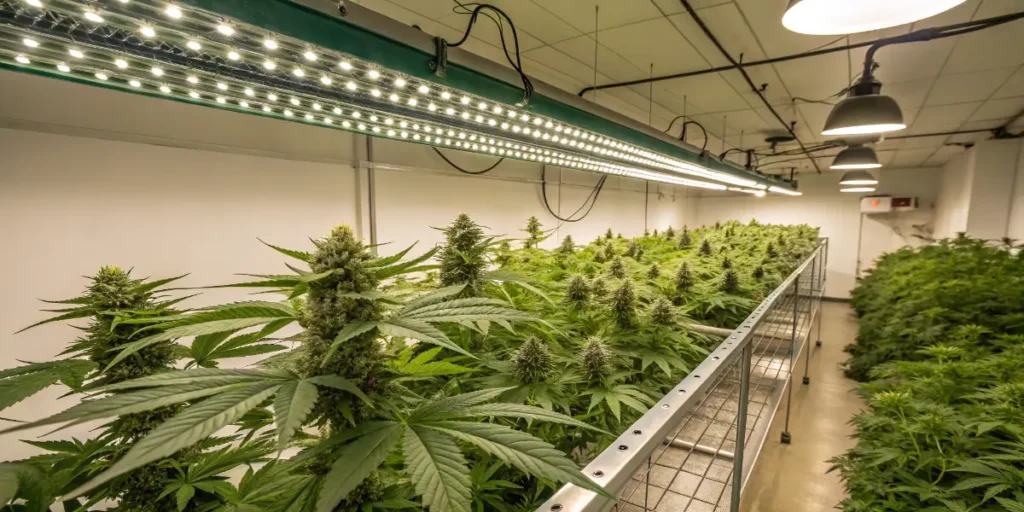 A large indoor grow room filled with dense flowering cannabis plants under powerful LED lights.