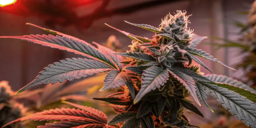 strain forming dense frosty buds under warm red-spectrum lighting.