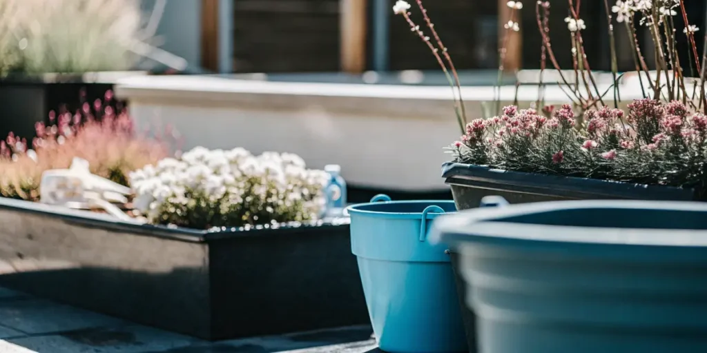 Garden setup with flower beds and blue buckets in daylight