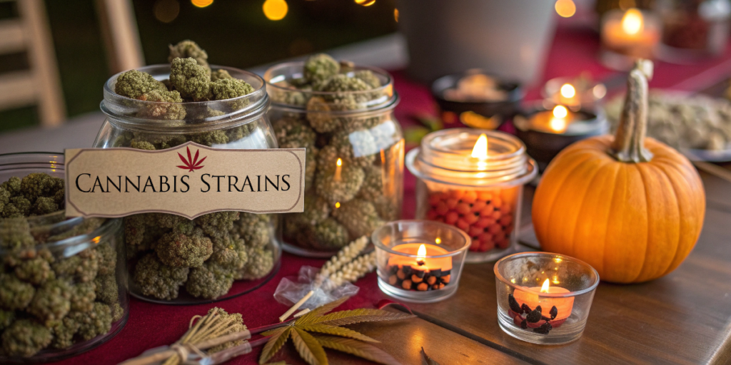 Glass jars filled with cannabis strains displayed on a Halloween-themed table with candles and pumpkins