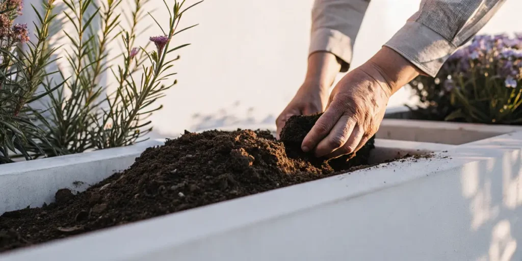 Close-up of hands preparing soil in a garden planter with flowers