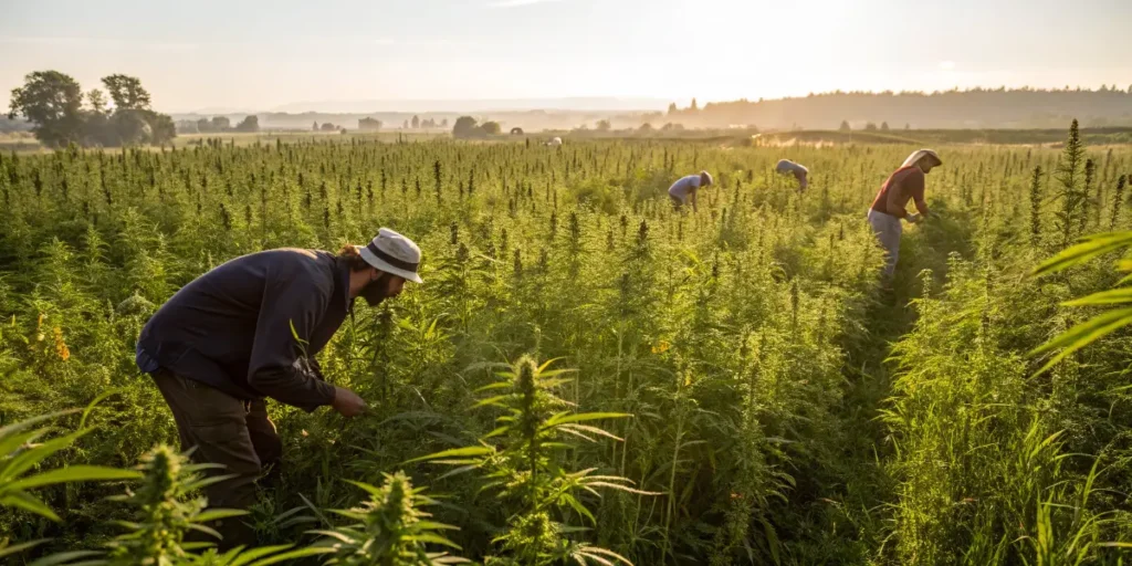 Farmers harvesting hemp crops used for biofuel and renewable energy production