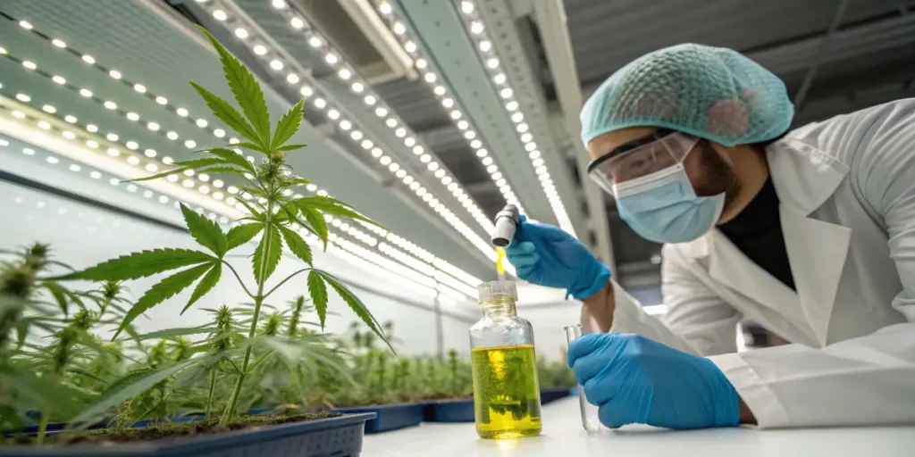 Scientist analyzing hemp oil for biofuel production in a modern laboratory
