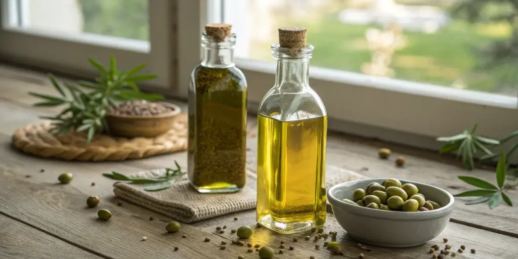 Hemp seed oil vs olive oil in glass bottles highlighting color and clarity differences