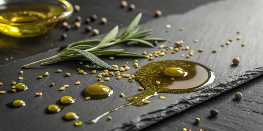Hemp seed oil vs olive oil texture comparison showing golden oil droplets on slate surface
