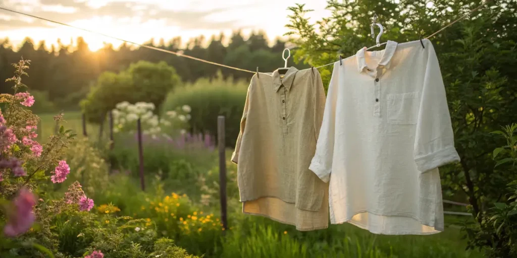 Hemp and cotton fabrics hanging outdoors, comparing natural fibers, texture and sustainability